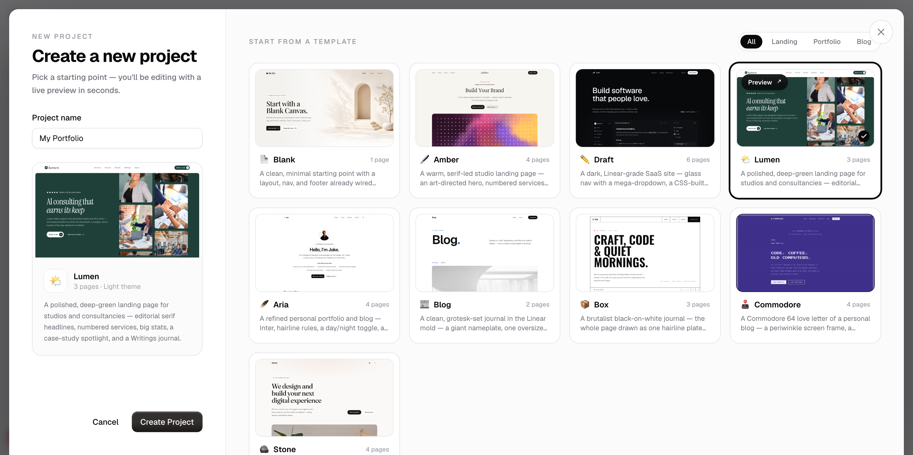 The new-site modal with template choices